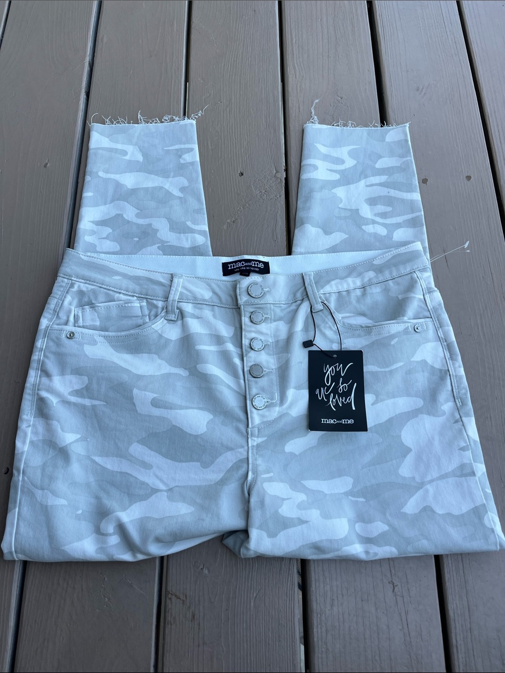 MAC and ME Camouflage Ankle Jeans Gray/White Stretch Denim Button Fly Size 16